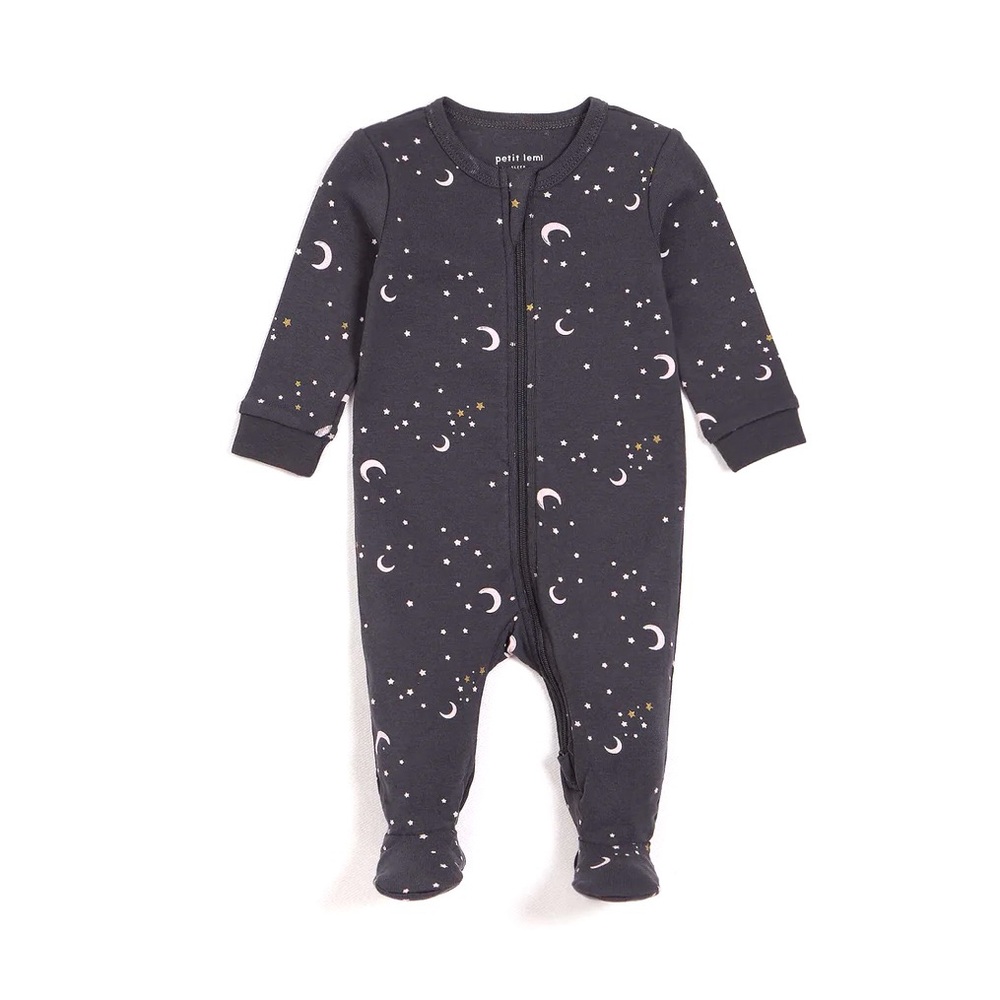 Petit Lem Sparkly Sky with Pink Moons Print on Charcoal Footed Sleeper, 3M size